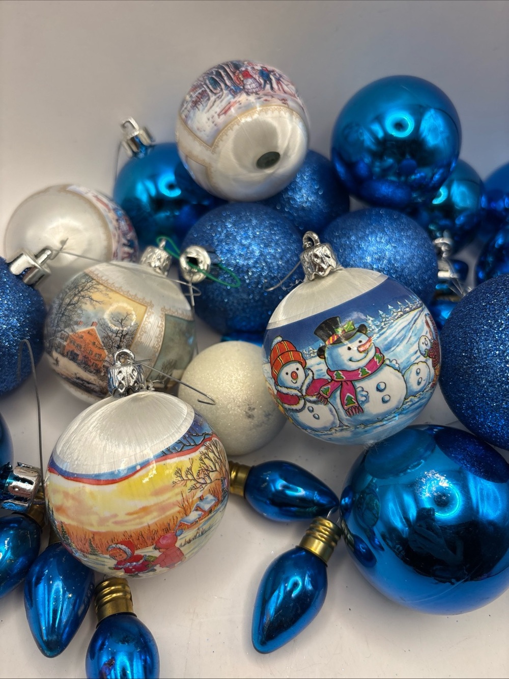 Holiday Snowman and Winter Scene Glass Ornaments - Blue & White